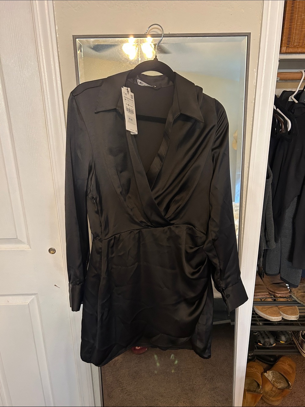 Zara Black Satin Blouse Dress Collar
